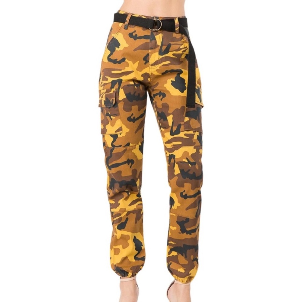 382 American Bazi Yellow Camo Cargo Joggers High Waisted Utility Pants Small